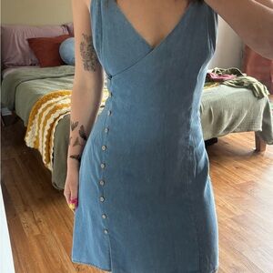 Blue V-Neck Button Dress